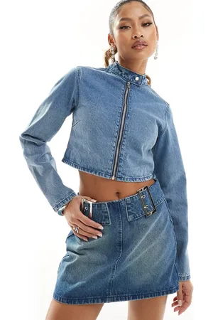 Simmi London Simmi cropped denim moto jacket co-ord in mid wash