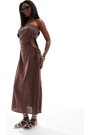 ASOS Linen bandeau midi sundress with ruched cut out detail in chocolate