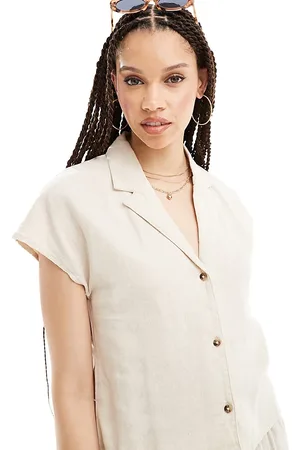 JDY Short sleeve linen shirt co-ord in beige