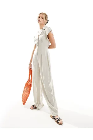 ASOS Collared linen button through jumpsuit in oatmeal