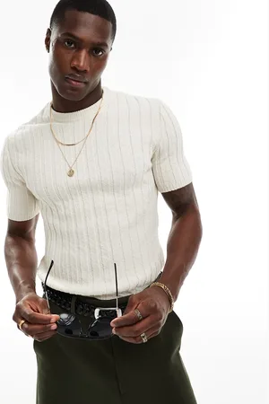 ASOS Muscle knitted crew neck slubby rib t-shirt in stone