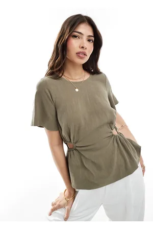 ASOS Linen look tee with cut out in khaki
