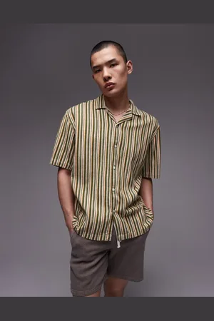 Topman Short sleeve relaxed striped shirt in green and yellow