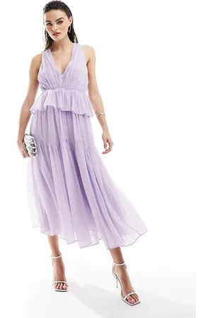 ASOS Plunge pleated tiered midi dress in dusky lilac
