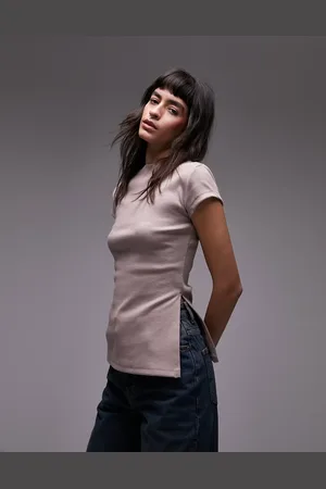 Topshop Rib high neck side split tee in washed rose