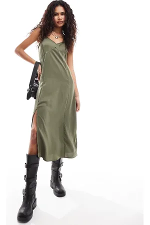 French Connection Satin midi slip dress in khaki