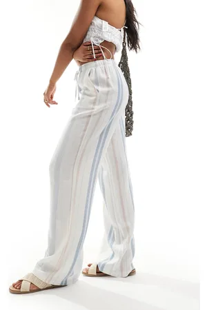 Stradivarius Linen look pull on trouser in stripe