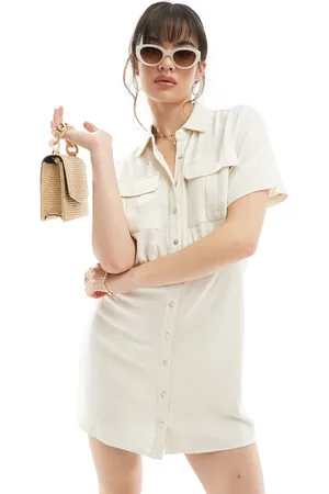 Stradivarius Linen look utility dress in natural
