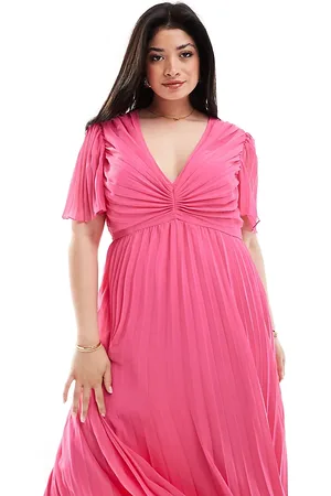 ASOS ASOS DESIGN Curve pleated bodice flutter sleeve pleat midi dress in hot
