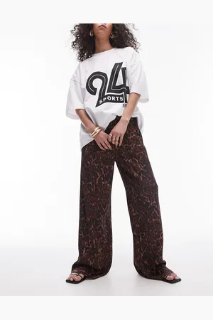 Topshop Leopard printed satin straight leg tie waist trouser in dark leopard