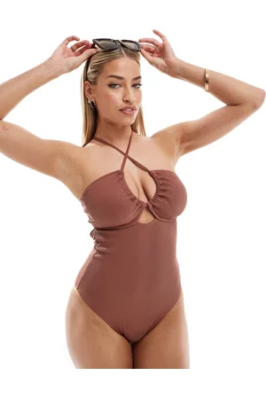 Ivory Rose Fuller Bust dual sized upside down halter neck ribbed beaded swimsuit in
