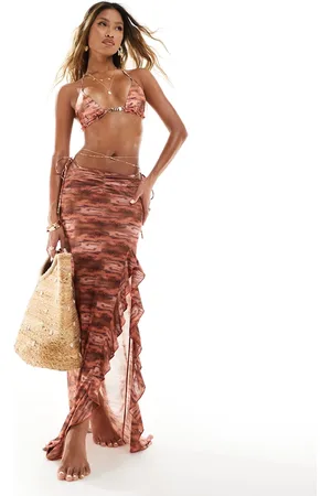 South Beach Ruffle abstract print maxi sarong In rust