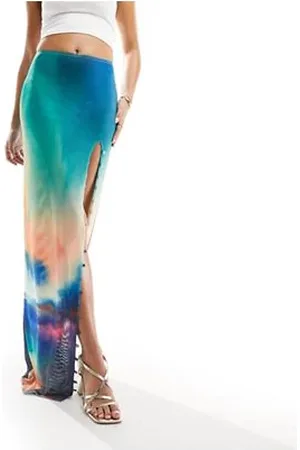 Farai London Akari mesh thigh split button through maxi skirt in blue ombre