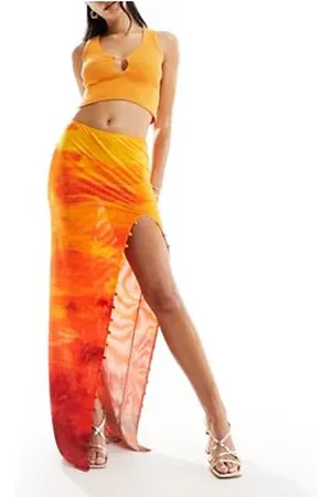 Farai London Carina mesh thigh split button through maxi skirt in orange ombre