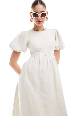 & OTHER STORIES Midi dress with volume sleeves and open back detail with tassels in off
