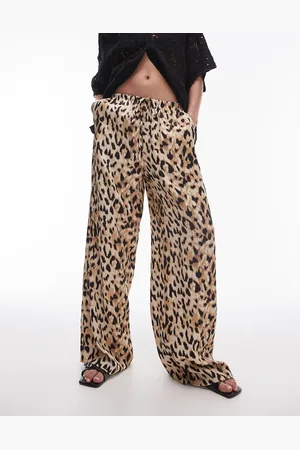 Topshop Leopard printed satin straight leg tie waist trouser in light leopard