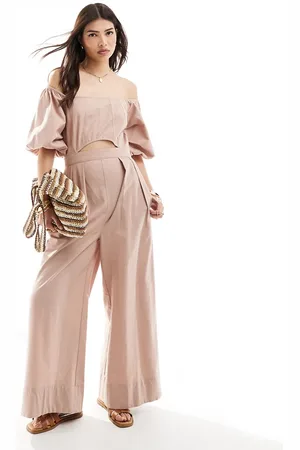 ASOS Puff sleeve bardot with front cutout jumpsuit in mauve