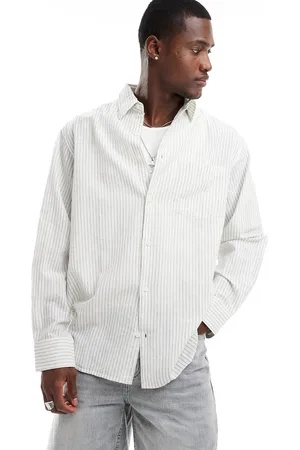 JACK & JONES Super oversized striped linen long sleeve shirt in off