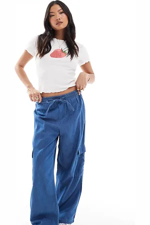 ONLY Marla wide leg denim cargo trousers in mid