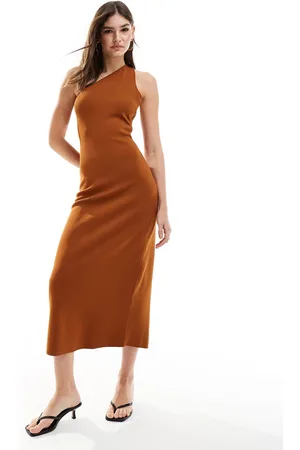 & OTHER STORIES Knitted one shoulder midi dress with cut out back detail in rust