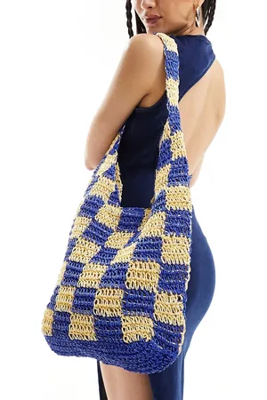 South Beach Checkerboard crochet tote bag in blue and yellow