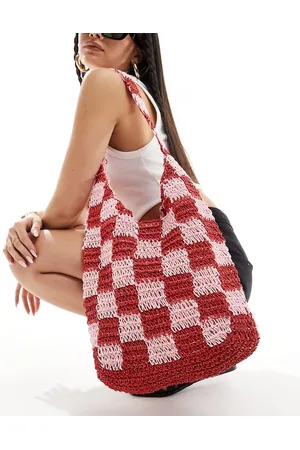 South Beach Checkerboard crochet tote bag in red and pink