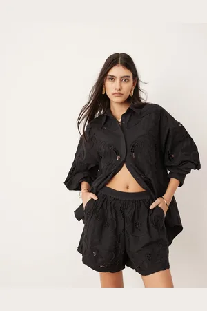 ASOS Broderie cut work boxy shorts co-ord in black