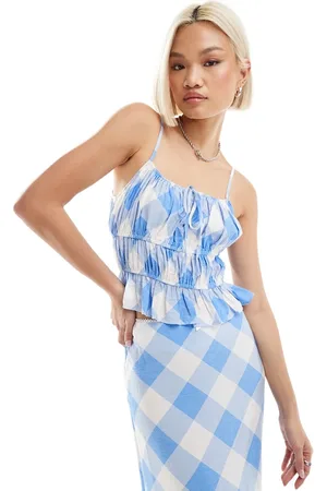 Emory Park Milkmaid shirred crop top in white check co-ord