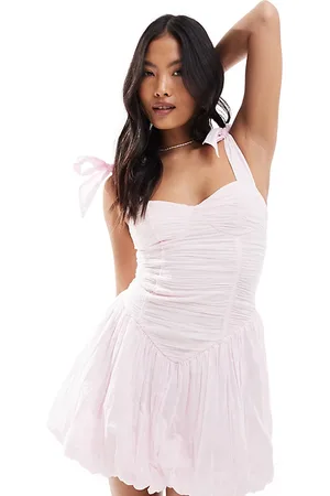 ASOS ASOS DESIGN Petite ruched bodice bubble hem mini dress in ballet