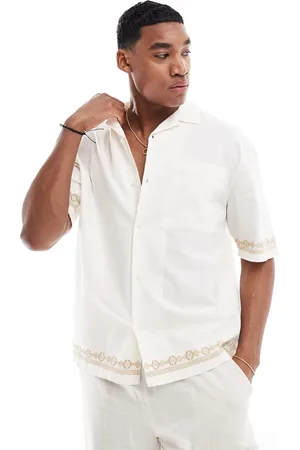 Pull&Bear Embroidered hem revere neck shirt in ecru