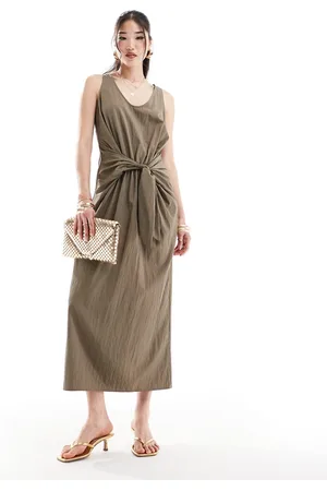 ASOS Scoop neck tie front midi dress in khaki