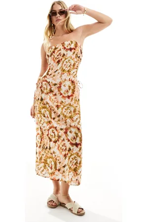 ASOS Linen bandeau midi sundress with ruched cut out detail in pink tie dye