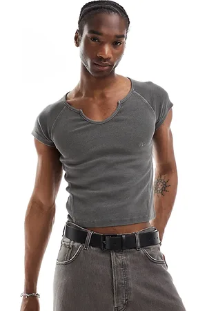 Reclaimed Shrunken ribbed t-shirt with notch neck in washed charcoal