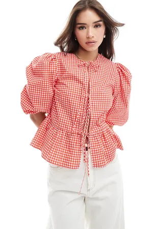 ASOS Cotton poplin tie front peplum blouse in red gingham