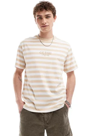 Guess Unisex striped t-shirt in beige and white