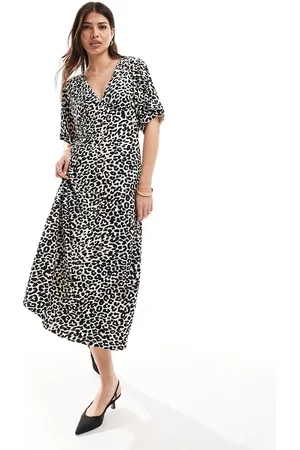 ASOS Roll sleeve button front midi tea dress in animal print