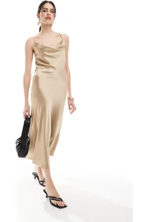Object Cowl neck midi slip dress in beige