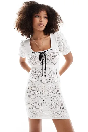 Miss Selfridge Crochet short sleeve knitted dress with bow detail in cream