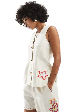 Native Youth Embroidered button through linen waistcoat co-ord in