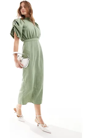 ASOS High neck volume sleeve midi dress with fitted skirt in sage