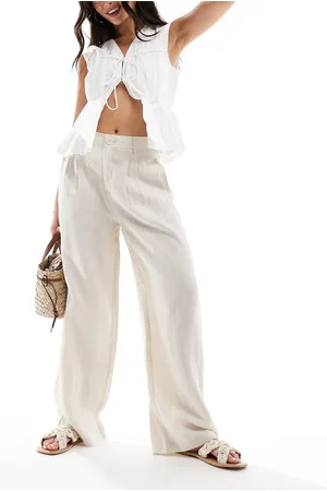MANGO Straight leg linen trousers in beige