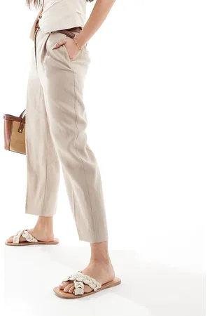 MANGO Linen elasticated waist slim trouser in beige