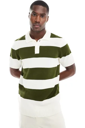 ASOS Short sleeve knitted rugby polo in khaki stripe