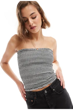 Bershka Shirred bandeau top in black & white gingham print