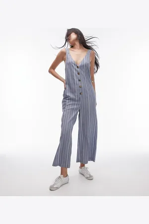 Topshop Textured button down jumpsuit in stripe