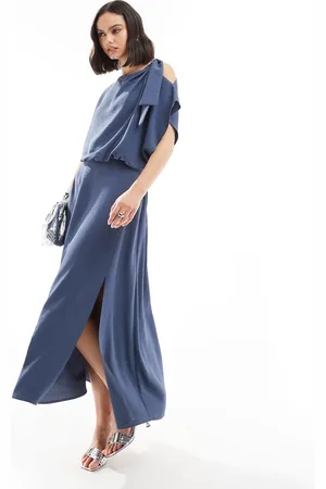 ASOS Tie shoulder blouson midi dress in denim
