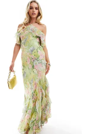 ASOS ASOS DESIGN Petite ruffle halter bias maxi dress with ruffle hem in green floral print