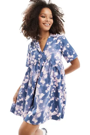 ASOS Mini shirt dress with revere collar and corset hem in blue abstract print
