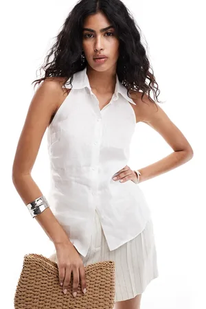 MANGO Selection linen halter shirt in