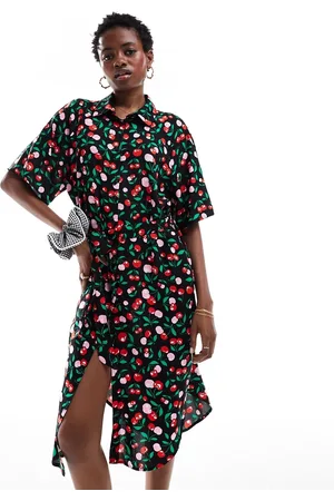 Monki Tie waist midi shirt dress in black cherry print exclusive to ASOS
